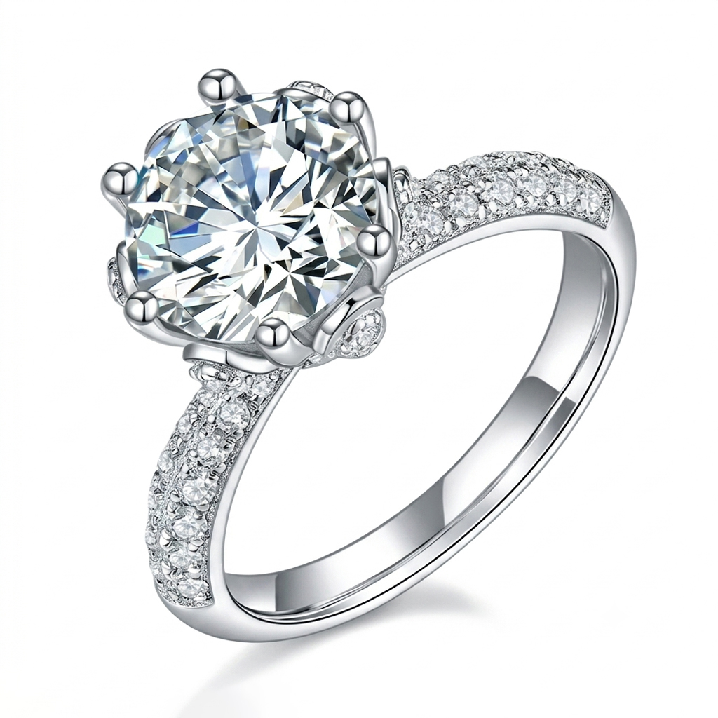 Luna Moissanite 1.0 Ct ～ 5.0 Ct Round Cut Flower Pave Engagement Ring In Sterling Silver