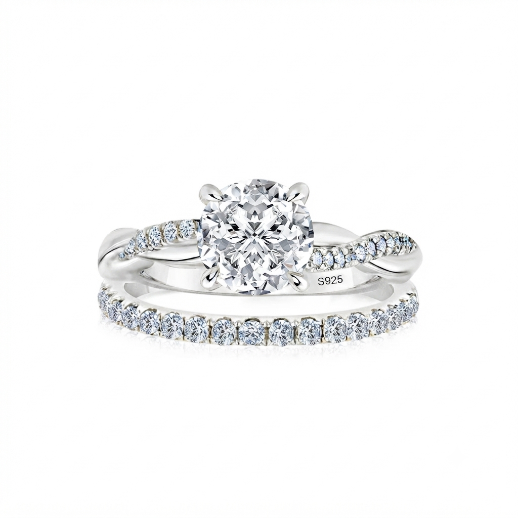 Luna Moissanite 1.0 Ct ～ 6.0 Ct Round Cut Twist 2-Pc Wedding Ring Set In Sterling Silver With Classic Half Band
