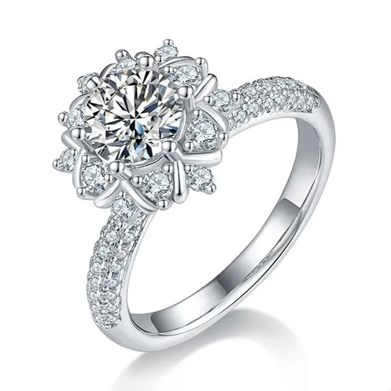 Luna Moissanite 1.0 Ct Round Cut Floral Halo Pave Engagement Ring In Sterling Silver
