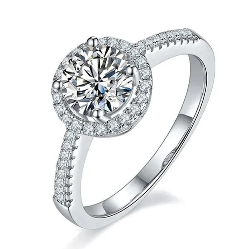 Luna Moissanite 1.0 Ct Round Cut Halo Pave Engagement Ring In Sterling Silver