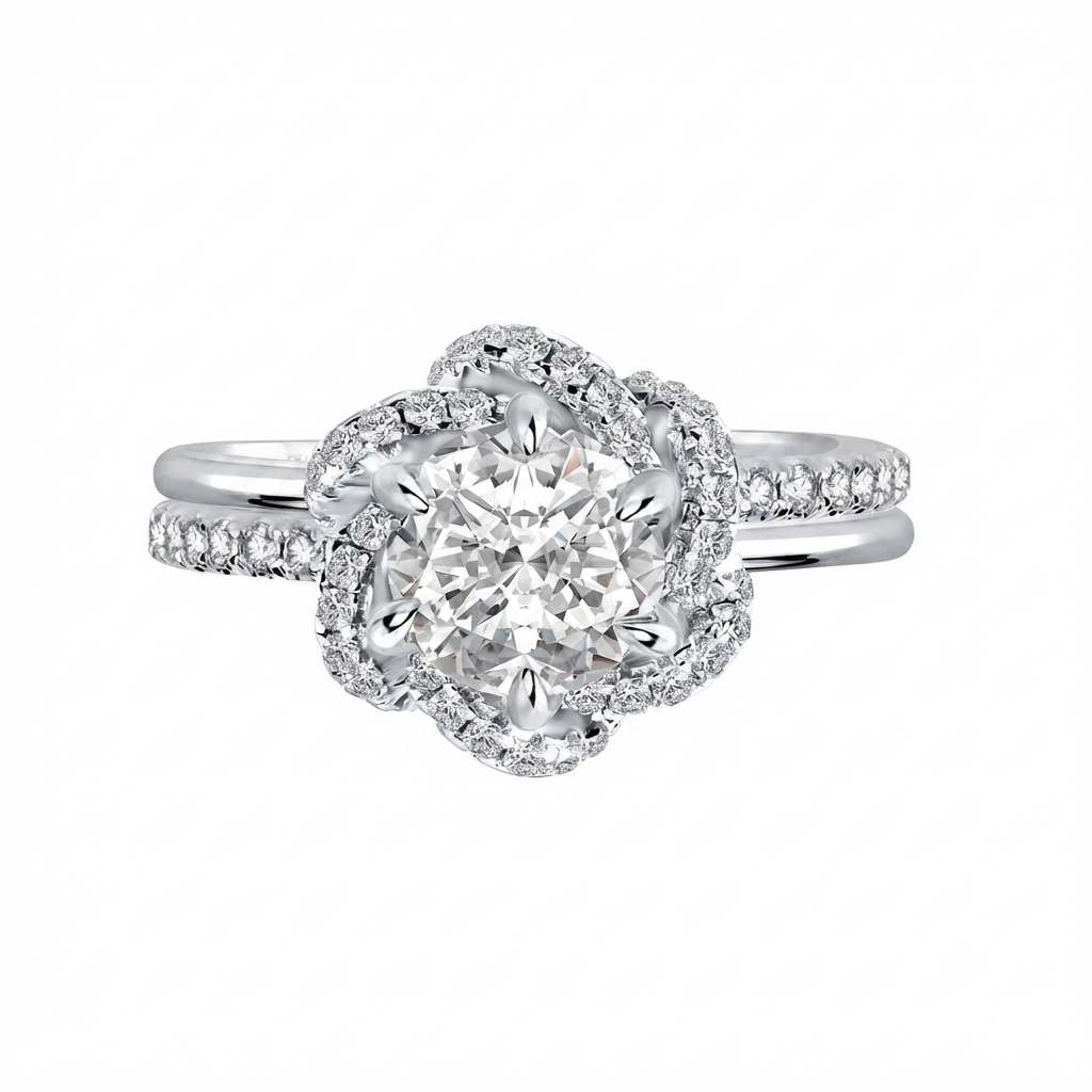 Luna Moissanite 1.0 Ct Round Cut Twist Flower Design Engagement Ring In Sterling Silver