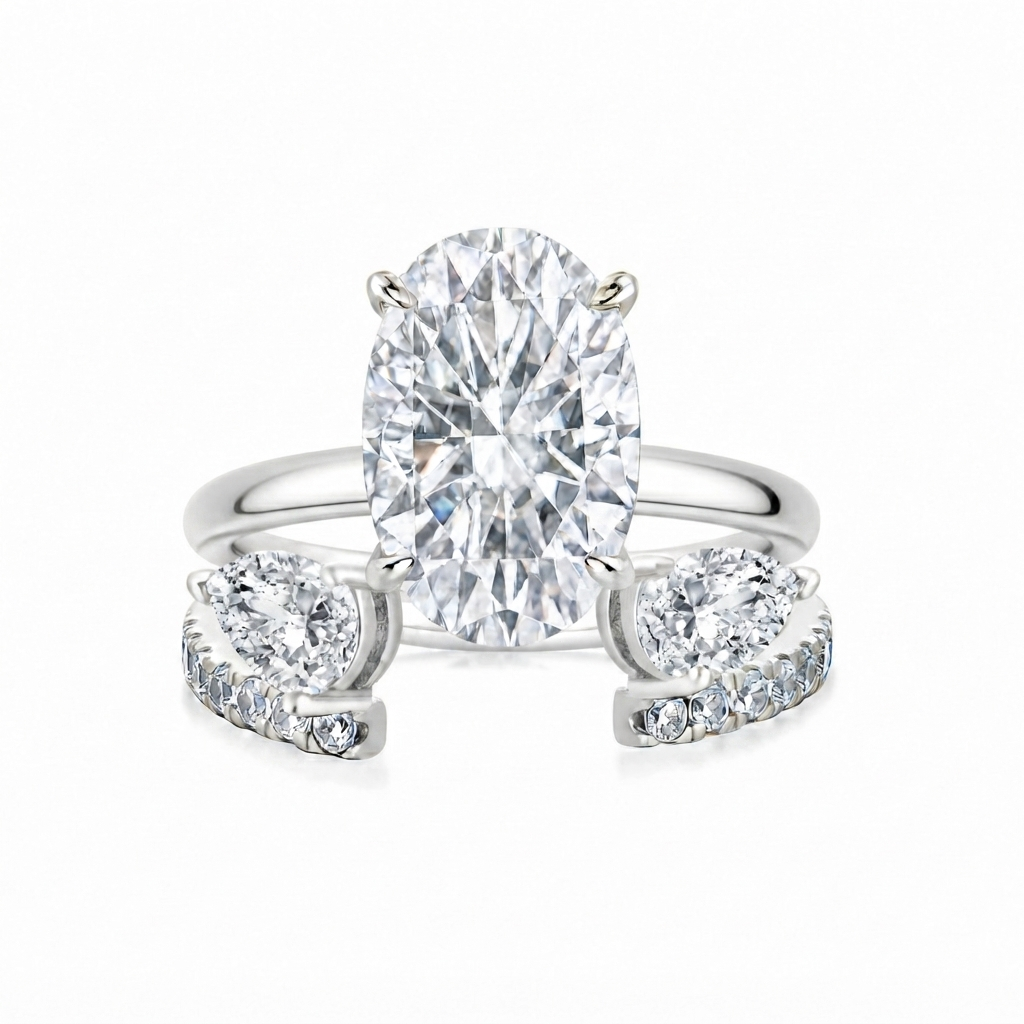 Luna Moissanite 2.0 Ct ～ 4.0 Ct Oval Cut Insert 2-Pc Wedding Ring Set In Sterling Silver