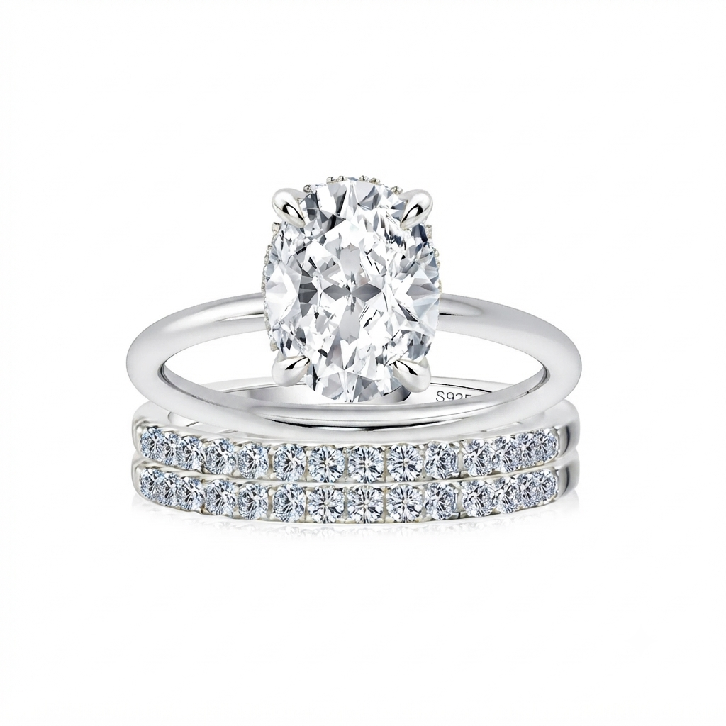 Luna Moissanite 2.0 Ct ～ 4.0 Ct Oval Cut Solitaire 3-Pc Wedding Ring Set In Sterling Silver