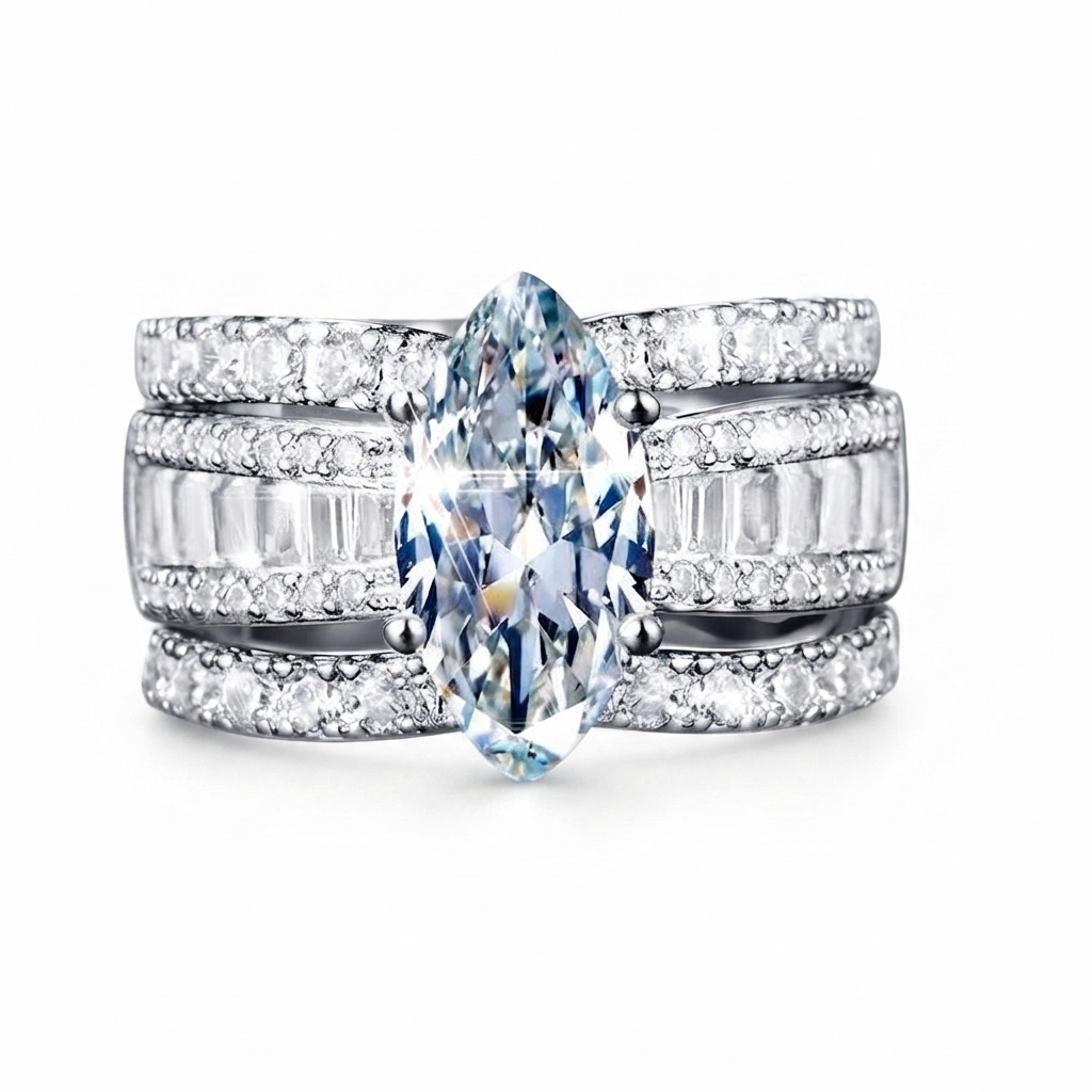 Luna Moissanite 2.0 Ct Marquise Cut 3-Pc Wedding Ring Set In Sterling Silver