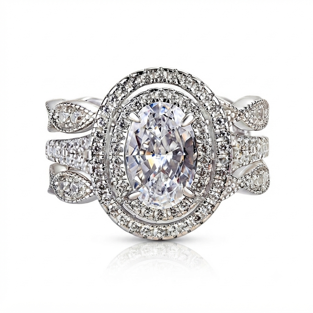Luna Moissanite 2.0 Ct Oval Cut Double Halo Insert 3-Pc Wedding Ring Set In Sterling Silver