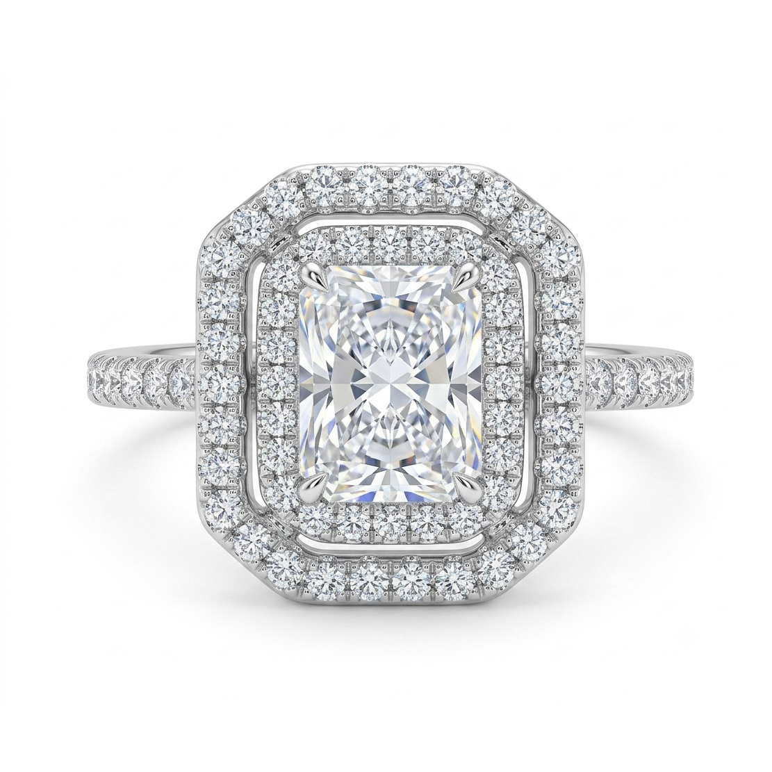 Luna Moissanite 2.0 Ct Radiant Cut Double Halo Engagement Ring In Sterling Silver