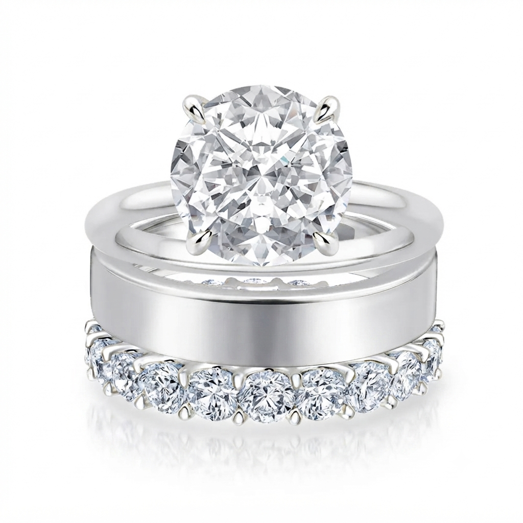 Luna Moissanite 2.0 Ct Round Cut Solitaire 3-Pc Wedding Ring Set In Sterling Silver With Wide Band