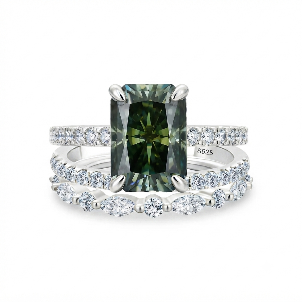 Luna Moissanite 2.5 Ct Radiant Cut Green 3-Pc Wedding Ring Set In Sterling Silver