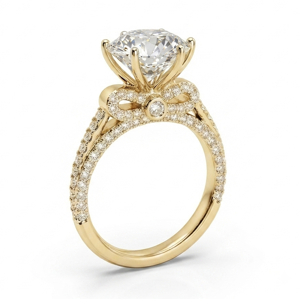 Luna Moissanite 3.0 Ct Round Cut Bow Base Design Engagement Ring In Sterling Silver