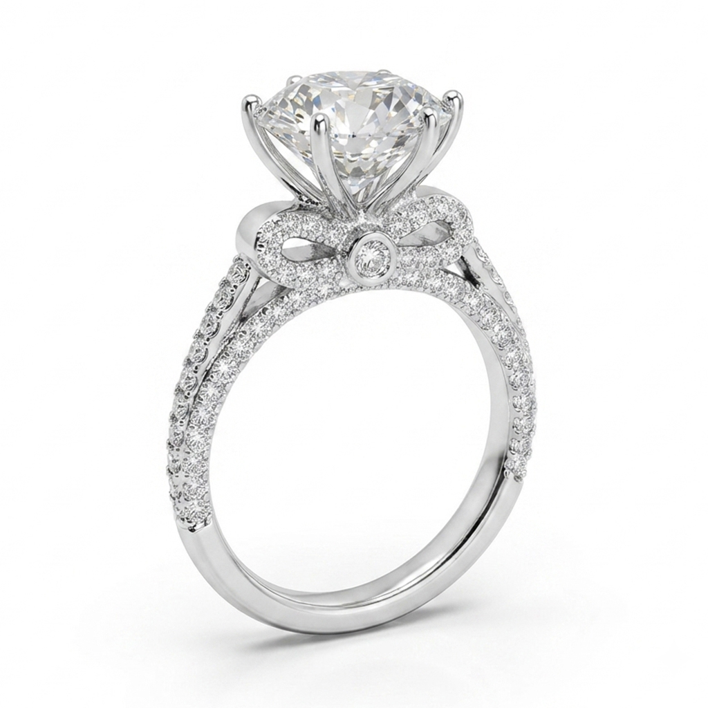 Luna Moissanite 3.0 Ct Round Cut Bow Base Design Engagement Ring In Sterling Silver