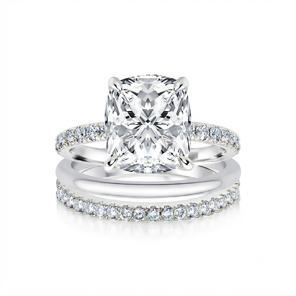 Luna Moissanite 3.5 Ct Cushion Cut 2-Pc Wedding Ring Set In Sterling Silver