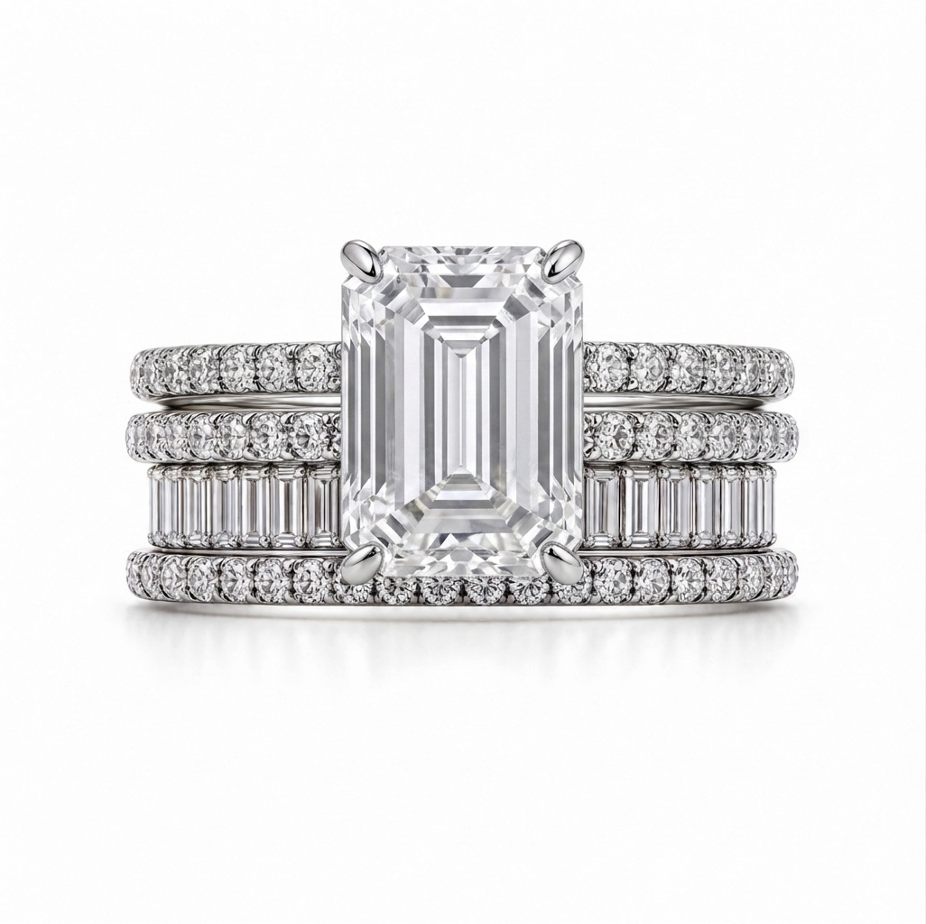 Luna Moissanite 4.0 Ct Emerald Cut 2-Pc Wedding Ring Set In Sterling Silver