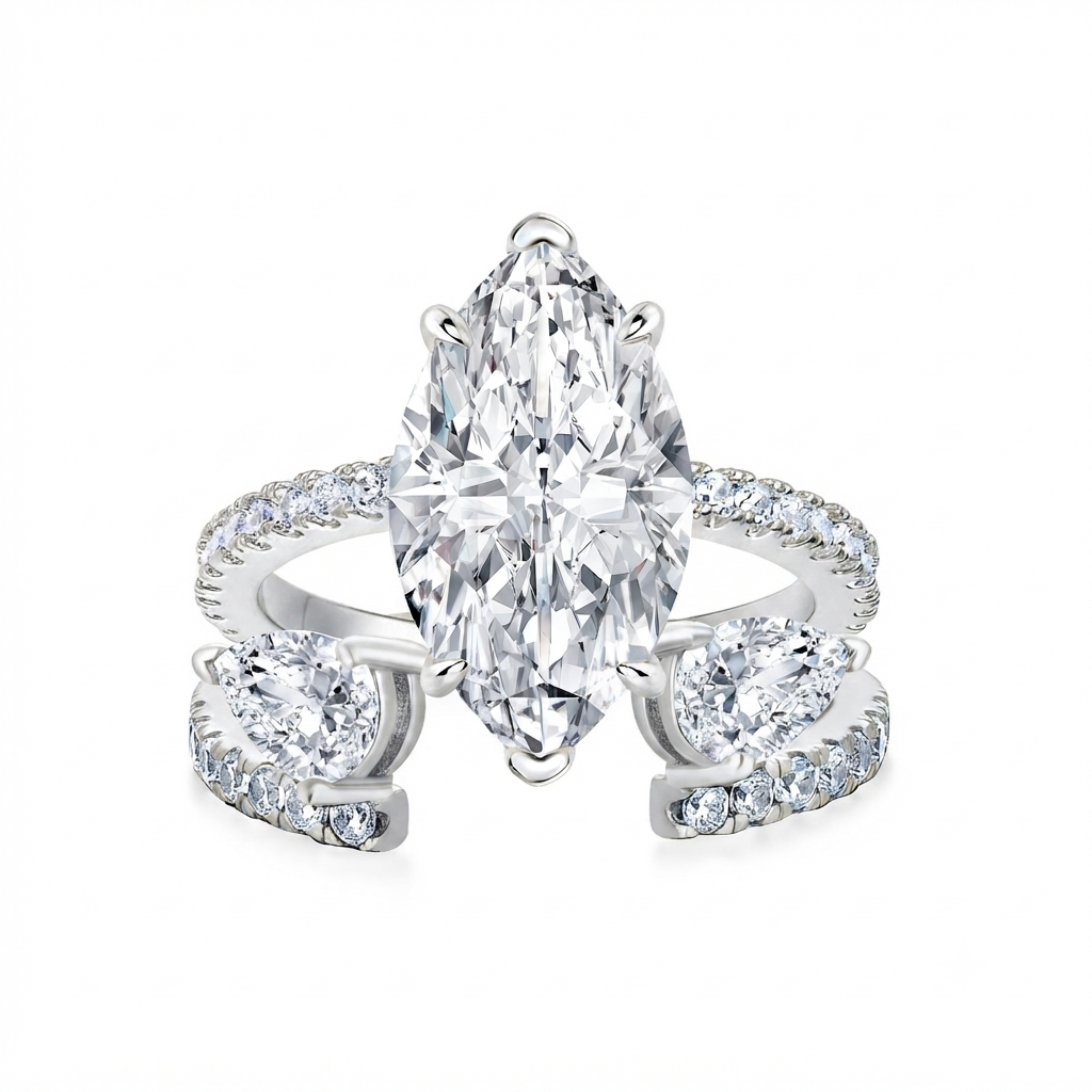 Luna Moissanite 4.0 Ct Marquise Cut Insert 2-Pc Wedding Ring Set In Sterling Silver
