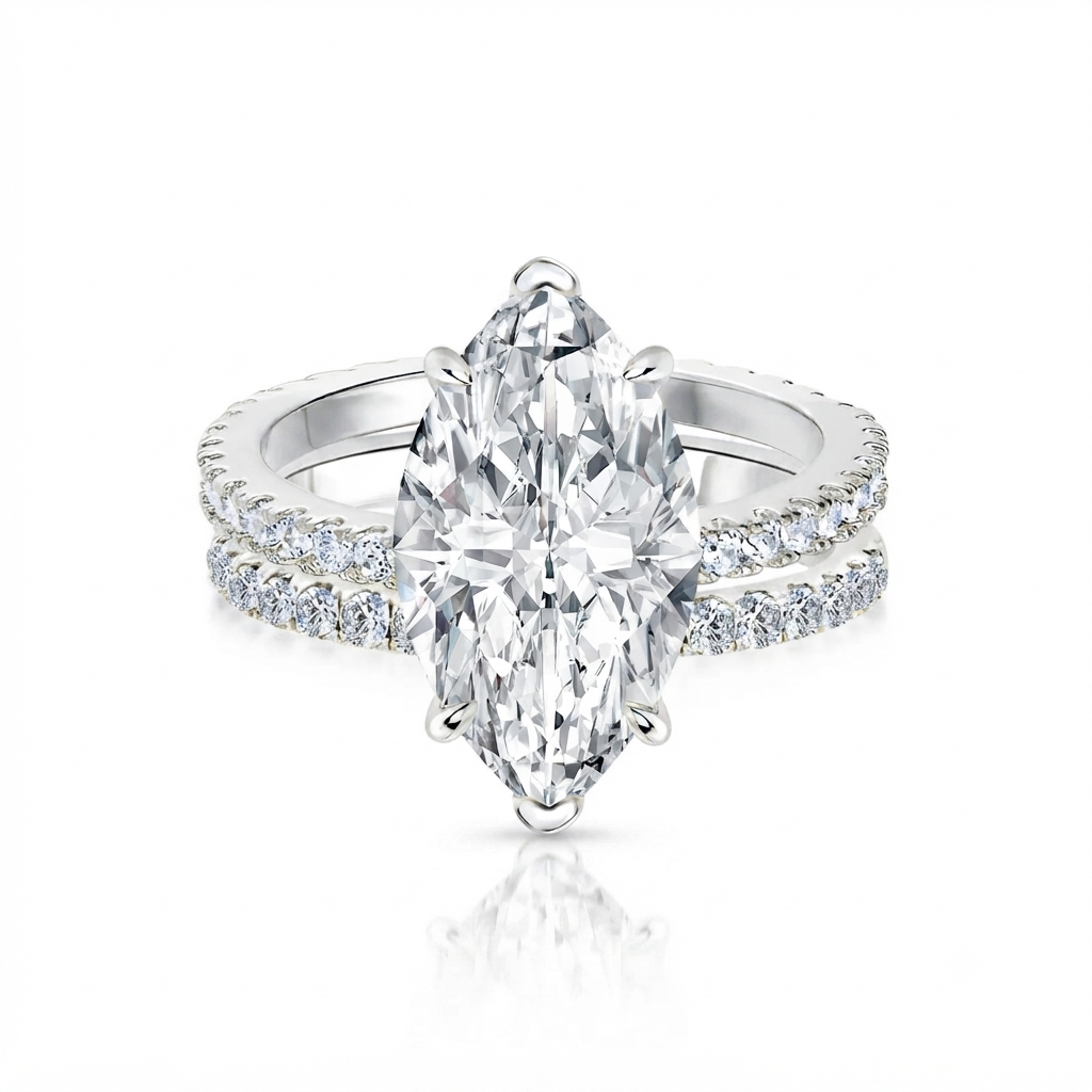 Luna Moissanite 4.0 Ct Marquise Cut Pave 2-Pc Wedding Ring Set In Sterling Silver