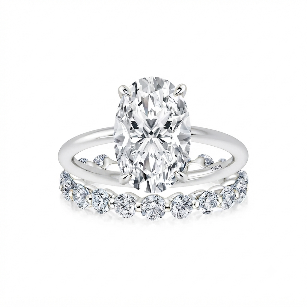 Luna Moissanite 4.0 Ct Oval Cut 2-Pc Wedding Ring Set In Sterling Silver