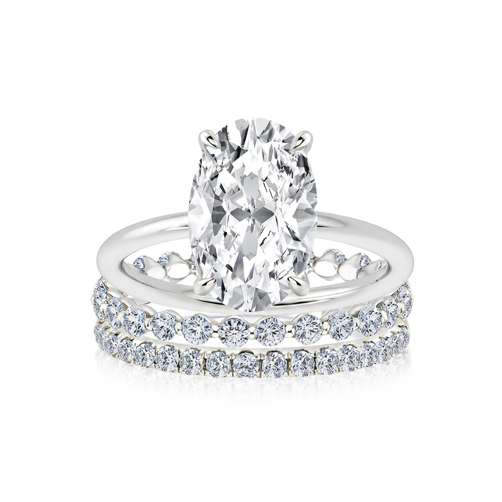 Luna Moissanite 4.0 Ct Oval Cut 3-Pc Wedding Ring Set In Sterling Silver