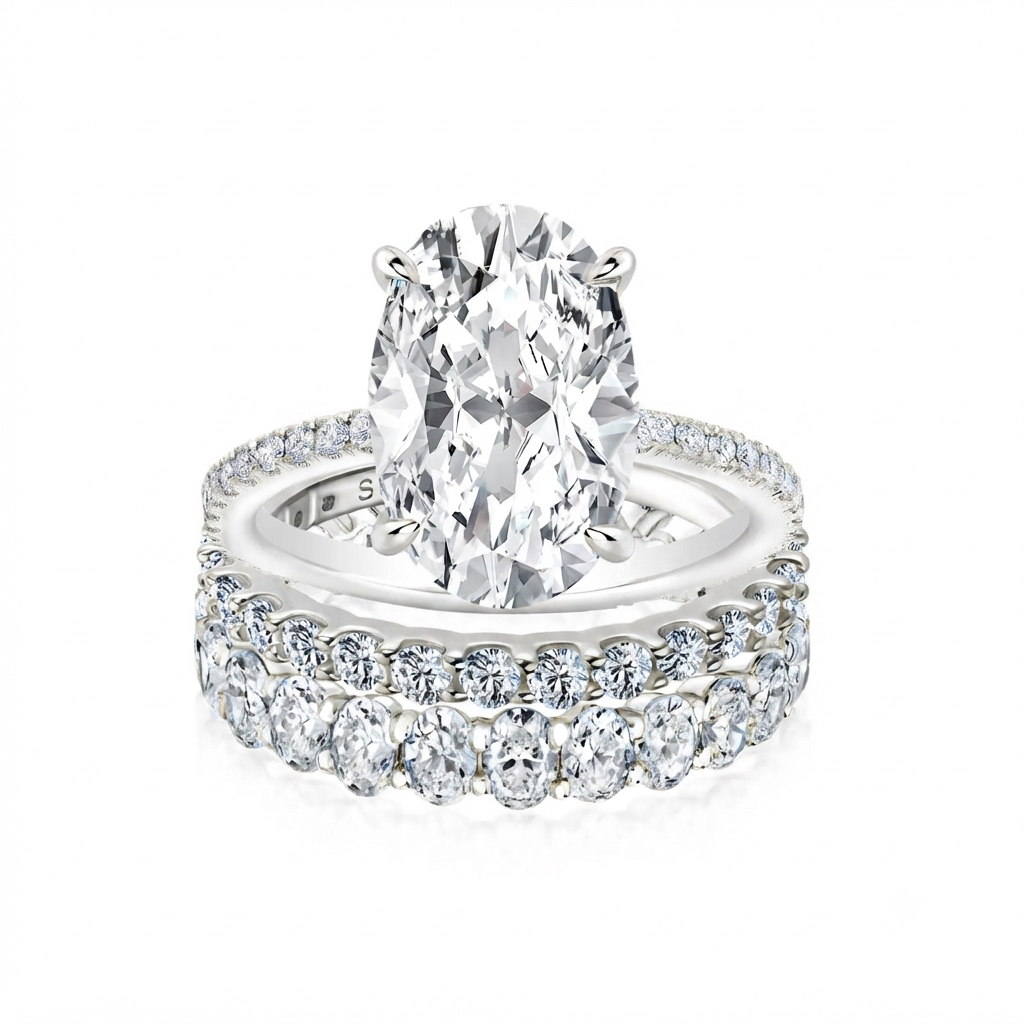 Luna Moissanite 4.0 Ct Oval Cut 3-Pc Wedding Ring Set In Sterling Silver
