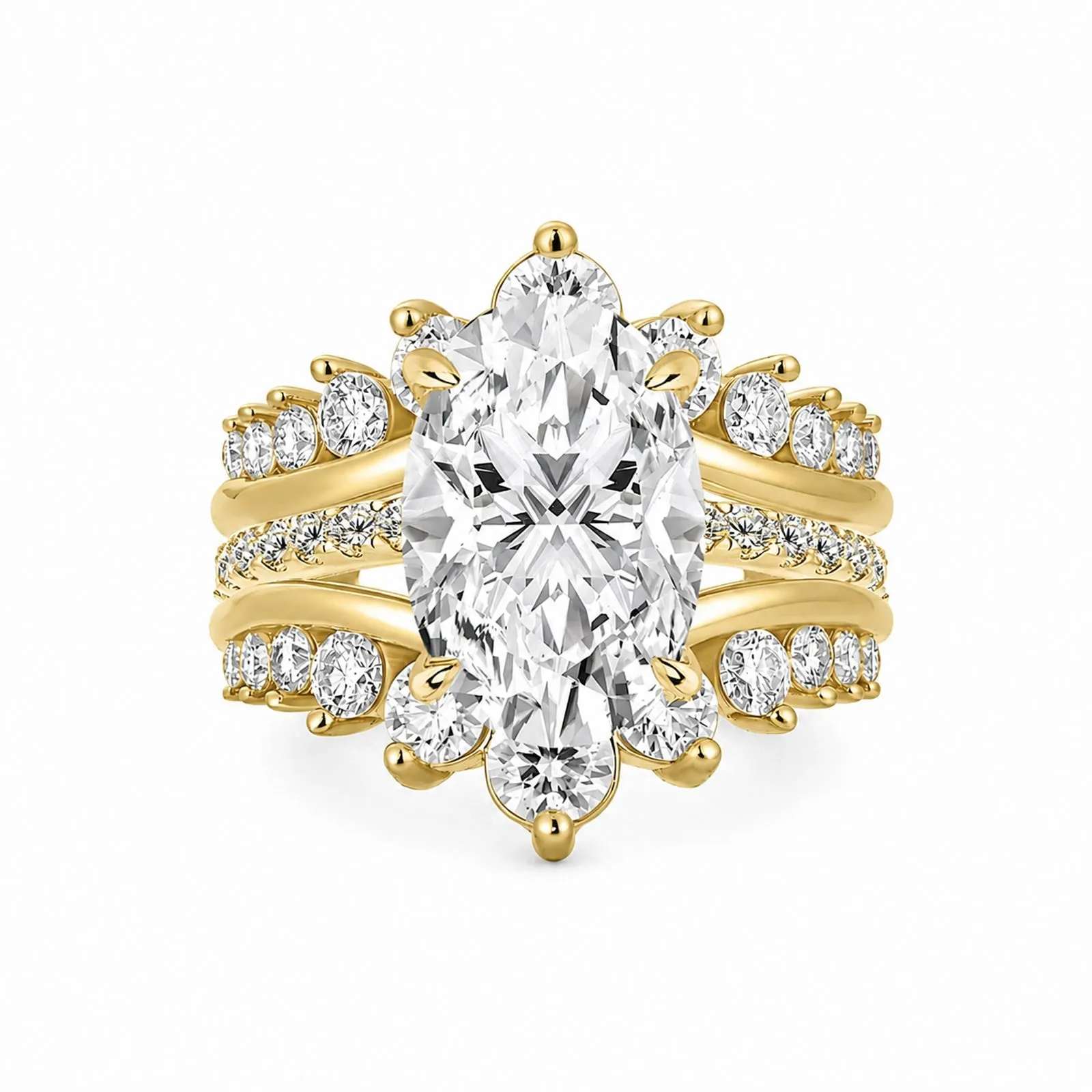 Luna Moissanite 4.0 Ct Oval Cut Insert 2-Pc Wedding Ring Set In Sterling Silver with Crown Shaped Ring Enhancer