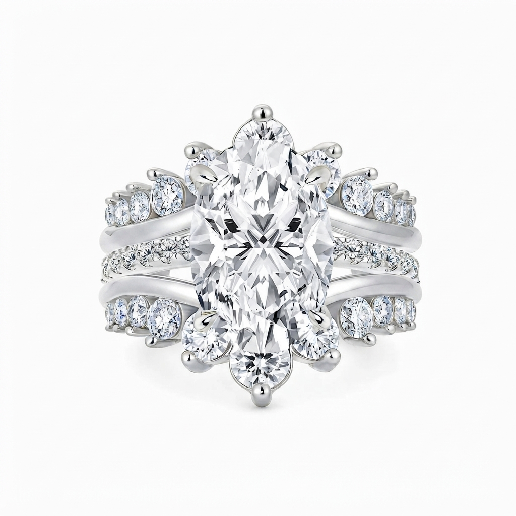 Luna Moissanite 4.0 Ct Oval Cut Insert 2-Pc Wedding Ring Set In Sterling Silver with Crown Shaped Ring Enhancer
