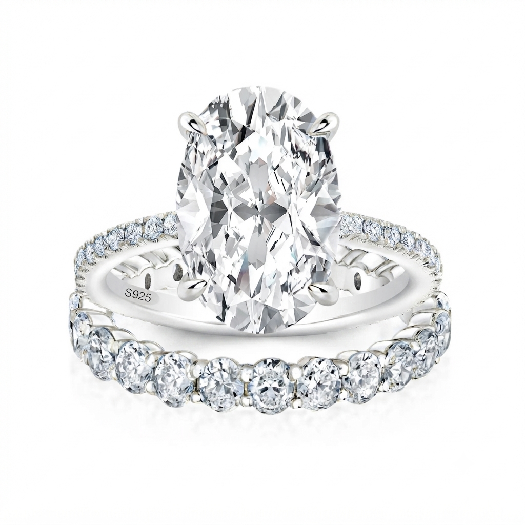 Luna Moissanite 4.0 Ct Oval Cut Pave 2-Pc Wedding Ring Set In Sterling Silver