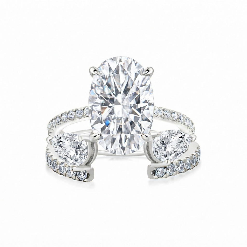 Luna Moissanite 4.0 Ct Oval Cut Pave Insert 2-Pc Wedding Ring Set In Sterling Silver