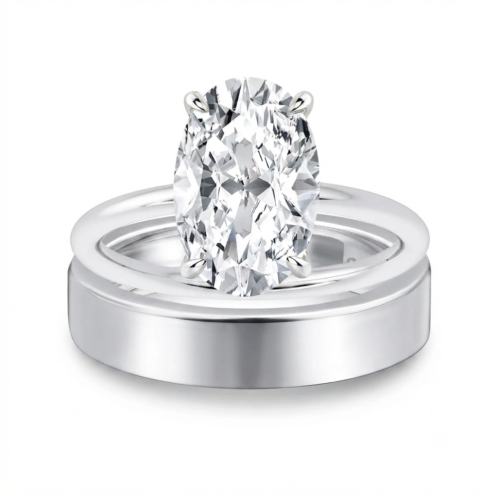 Luna Moissanite 4.0 Ct Oval Cut Solitaire 2-Pc Wedding Ring Set In Sterling Silver With Wide Band