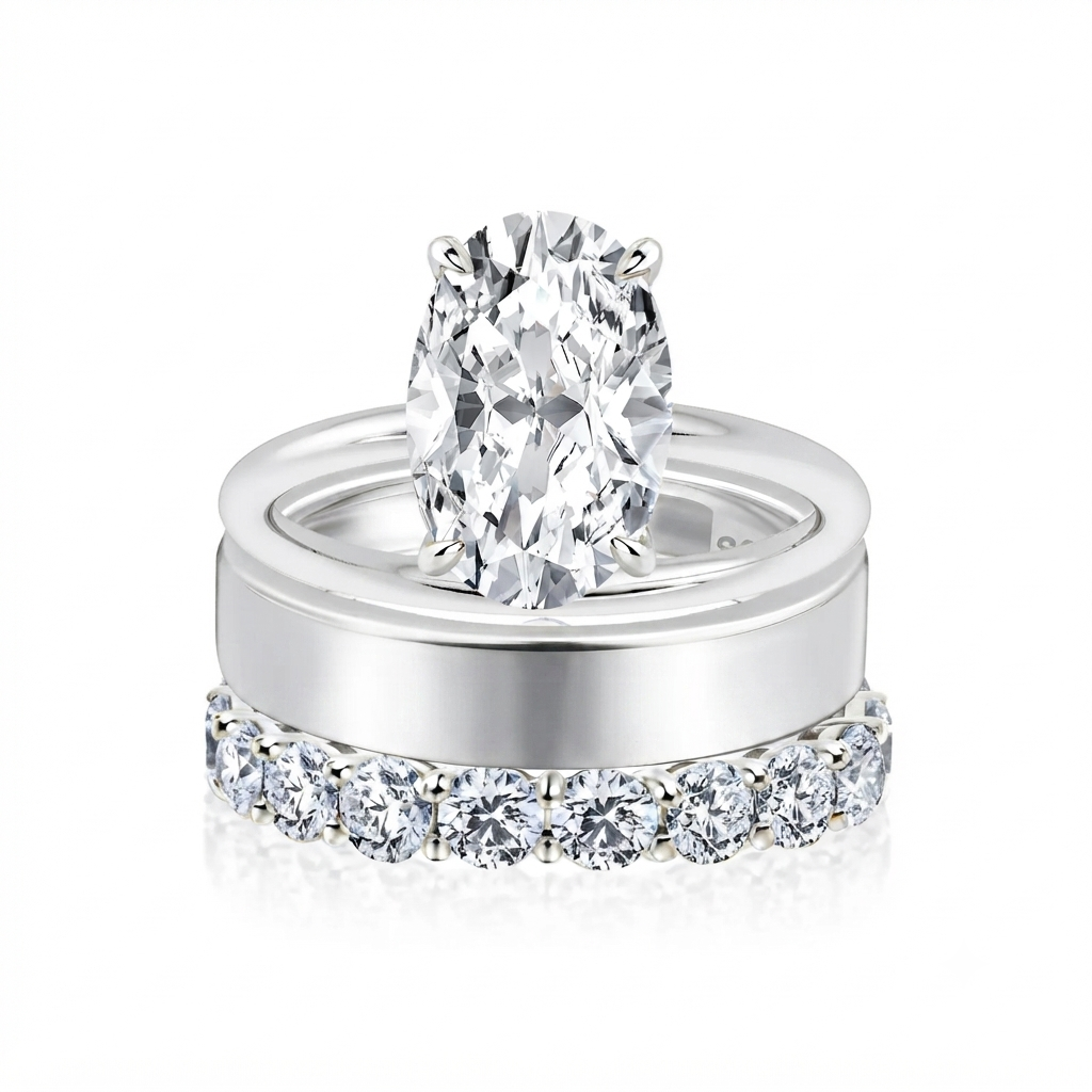 Luna Moissanite 4.0 Ct Oval Cut Solitaire 3-Pc Wedding Ring Set In Sterling Silver