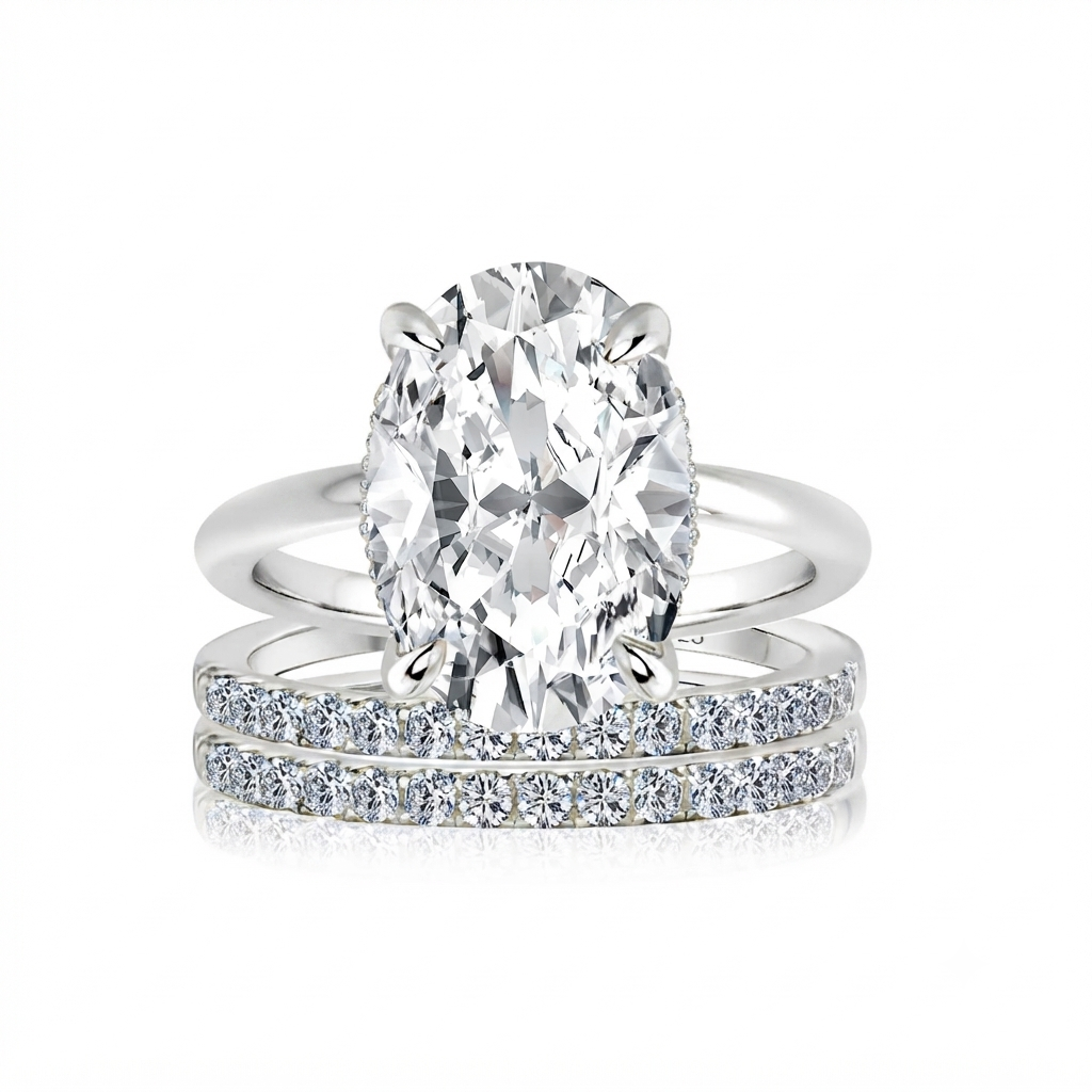 Luna Moissanite 4.0 Ct Oval Cut Solitaire 3-Pc Wedding Ring Set In Sterling Silver