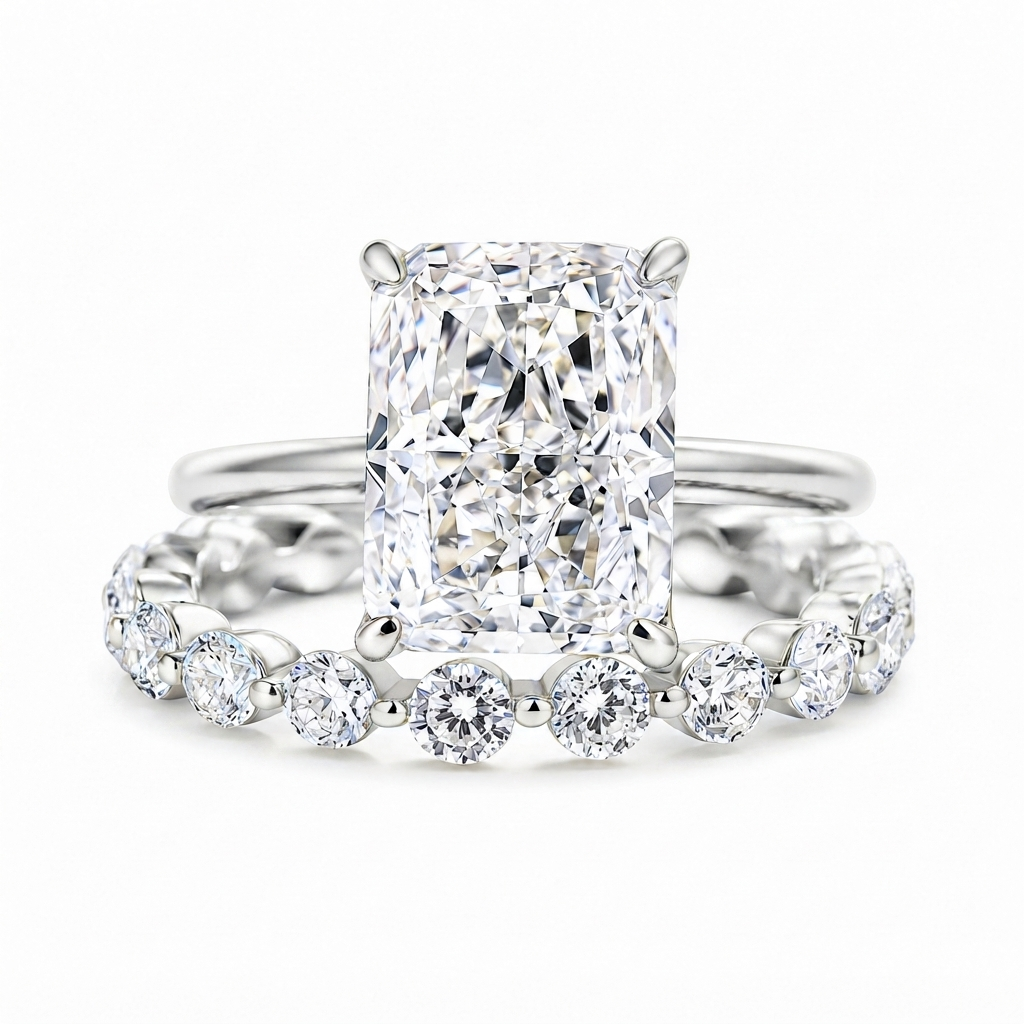 Luna Moissanite 4.0 Ct Radiant Cut 2-Pc Wedding Ring Set In Sterling Silver
