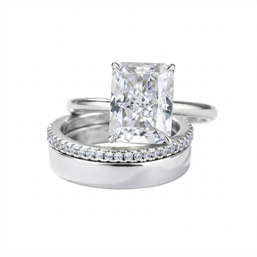 Luna Moissanite 4.0 Ct Radiant Cut 3-Pc Wedding Ring Set In Sterling Silver