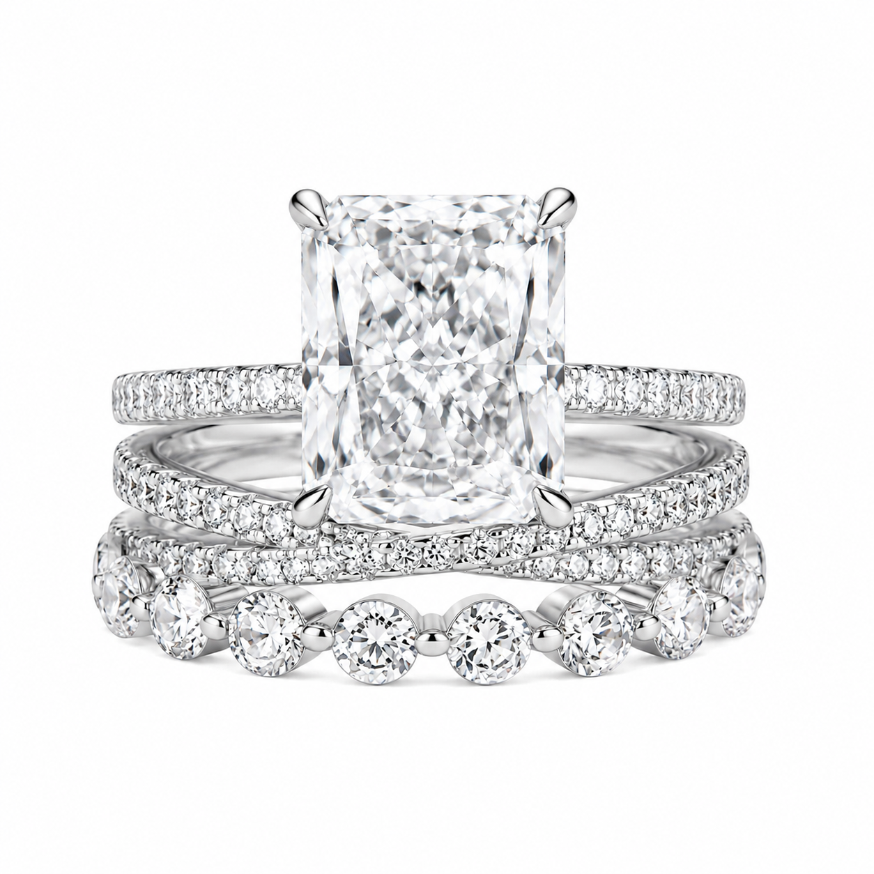 Luna Moissanite 4.0 Ct Radiant Cut 3-Pc Wedding Ring Set In Sterling Silver