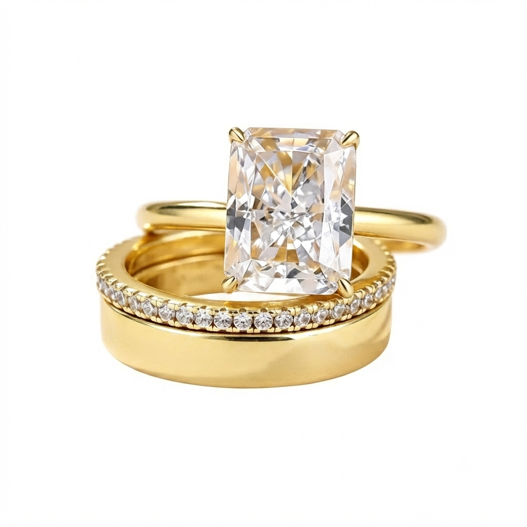Luna Moissanite 4.0 Ct Radiant Cut 3-Pc Wedding Ring Set In Sterling Silver
