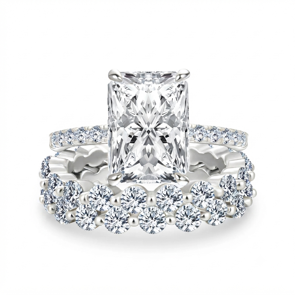 Luna Moissanite 4.0 Ct Radiant Cut 3-Pc Wedding Ring Set In Sterling Silver