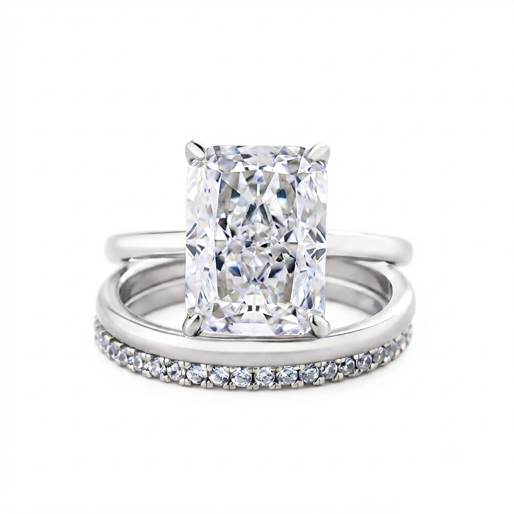 Luna Moissanite 4.0 Ct Radiant Cut Classic 3-Pc Wedding Ring Set In Sterling Silver