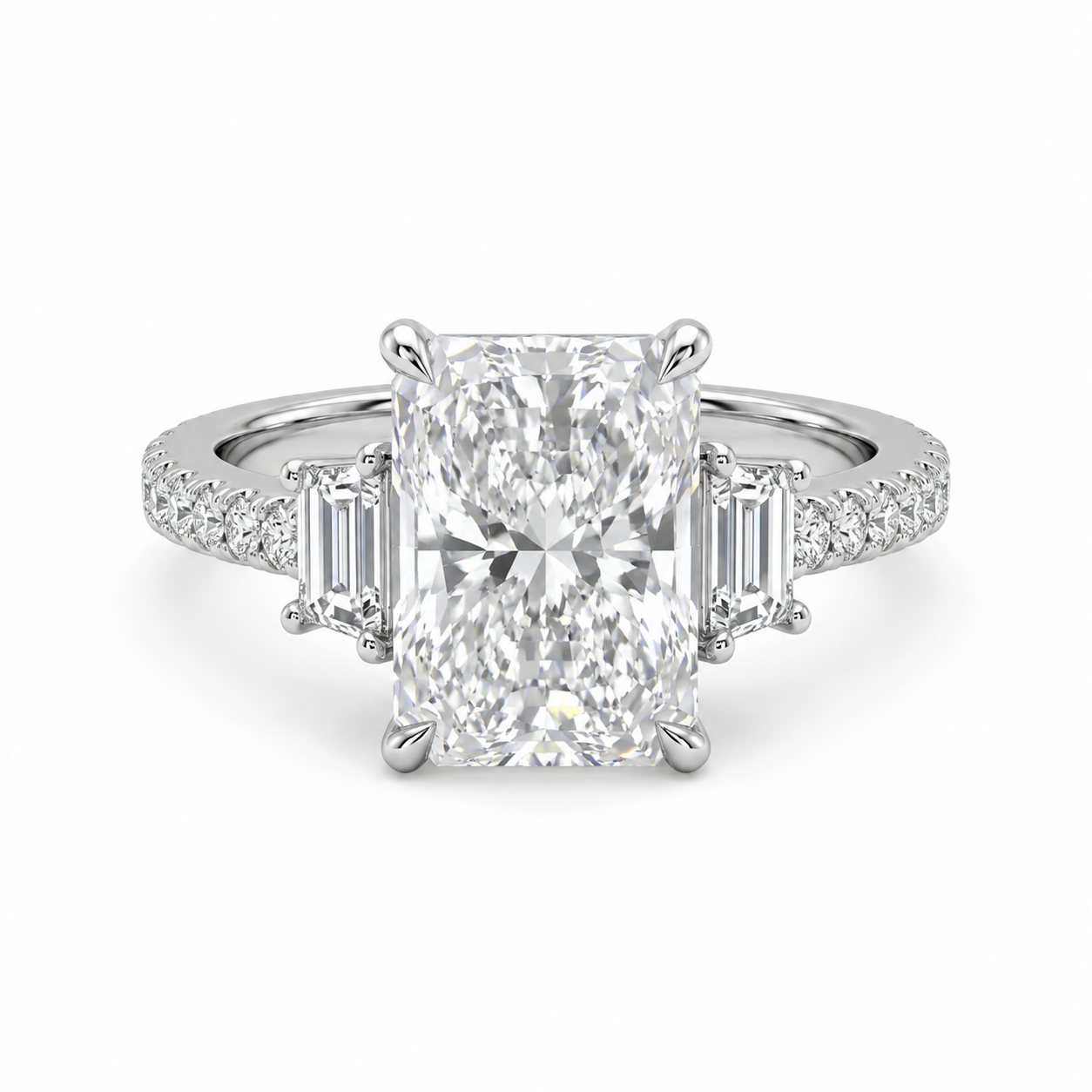 Luna Moissanite 4.0 Ct Radiant Cut Three Stone Pave Engagement Ring In Sterling Silver