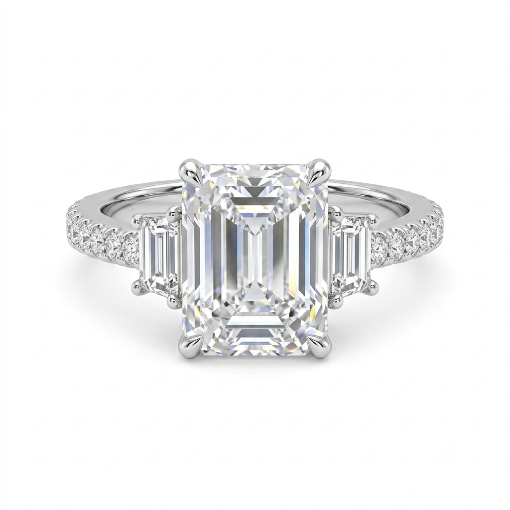 Luna Moissanite 4.0 Ct Radiant Cut Three Stone Pave Engagement Ring In Sterling Silver