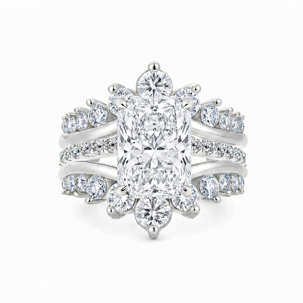 Luna Moissanite 4.0 Ct Round Cut Insert 2-Pc Wedding Ring Set In Sterling Silver with Crown Shaped Ring Enhancer