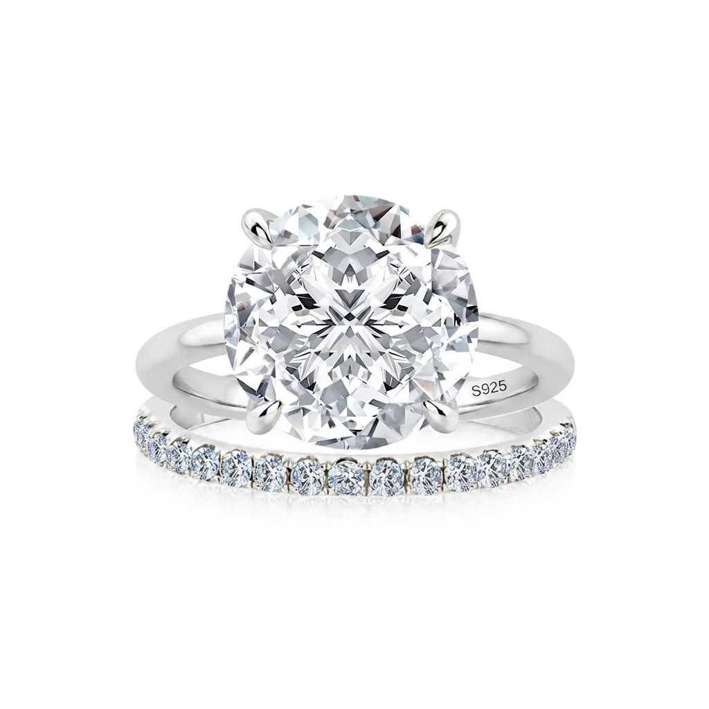 Luna Moissanite 4.0 Ct Round Cut Solitaire Classic 2-Pc Wedding Ring Set In Sterling Silver