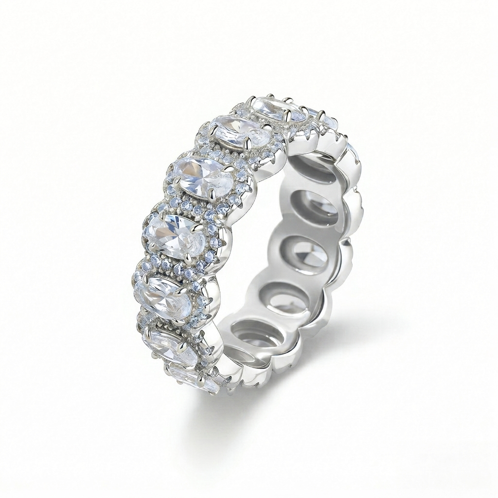 Luna Moissanite Oval Cut Halo Full Eternity Wedding Band In Sterling Silver