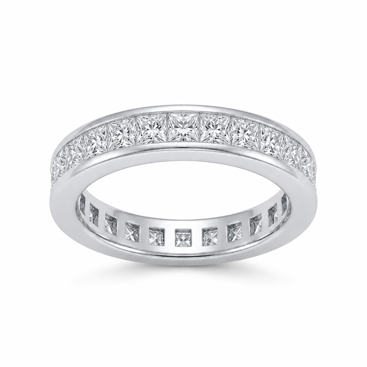 Luna Moissanite Princess Cut Classic Channel Setting Full Eternity Wedding Band In Sterling Silver