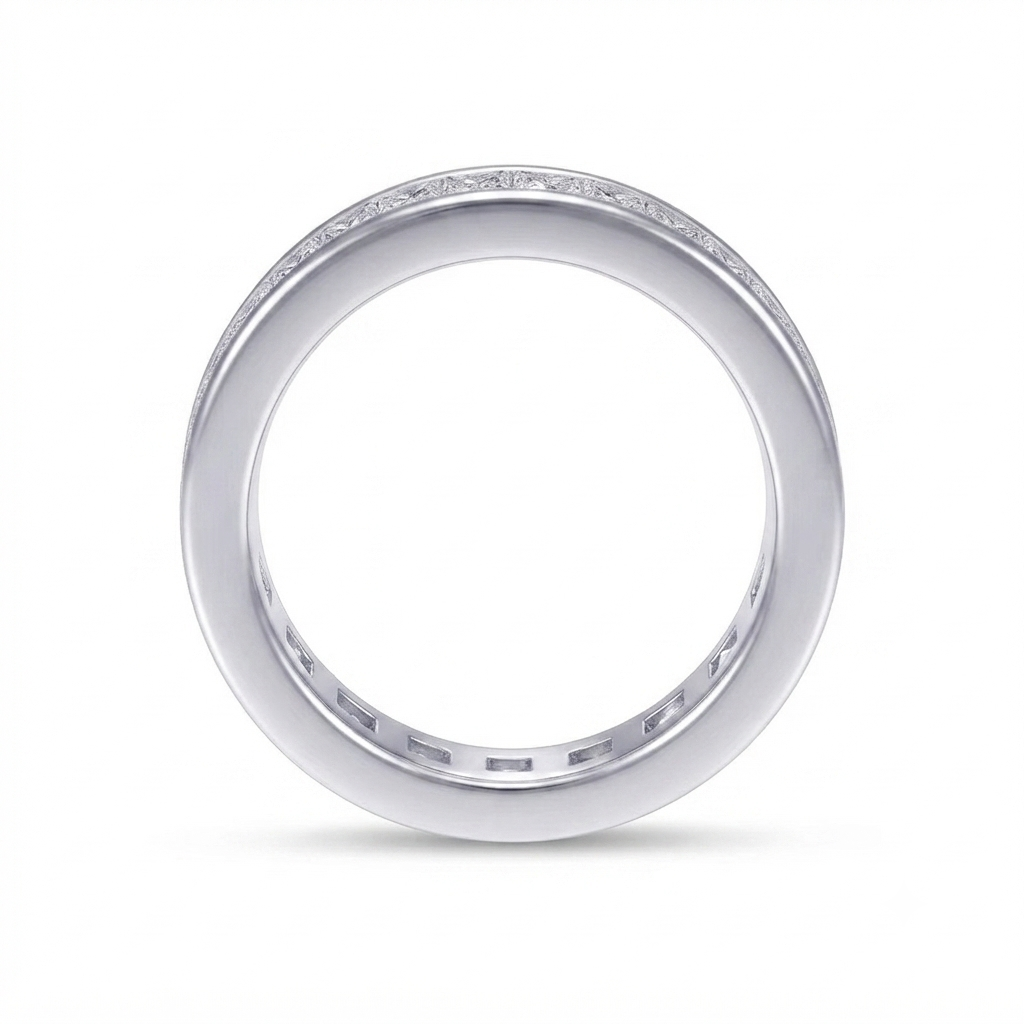 Luna Moissanite Princess Cut Classic Channel Setting Full Eternity Wedding Band In Sterling Silver