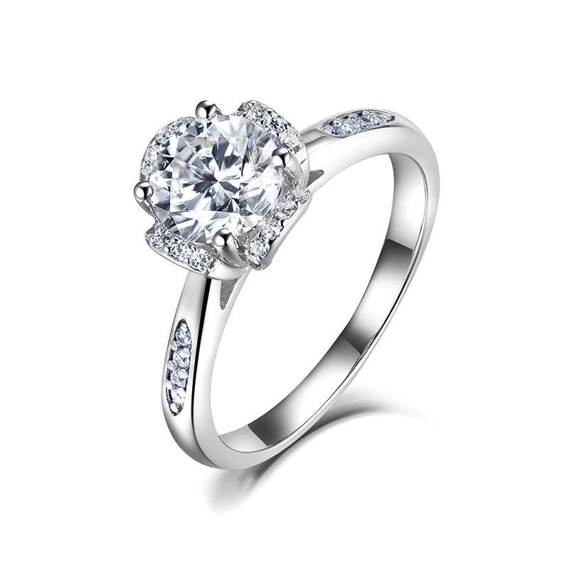 1Ct Moissanite Fashion Flower Side Stone Sterling Silver Wedding Ring-Sterling Silver-lornajewelry