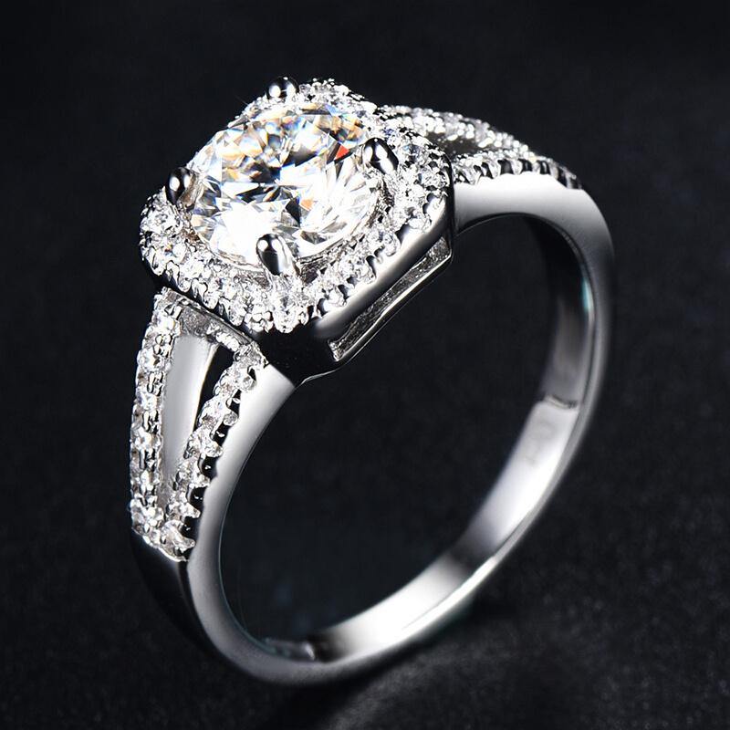 1Ct/2Ct Moissanite Round Halo Double Arm Sterling Silver Ring-Sterling Silver-lornajewelry