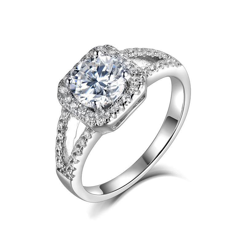 1Ct/2Ct Moissanite Round Halo Double Arm Sterling Silver Ring-Sterling Silver-lornajewelry