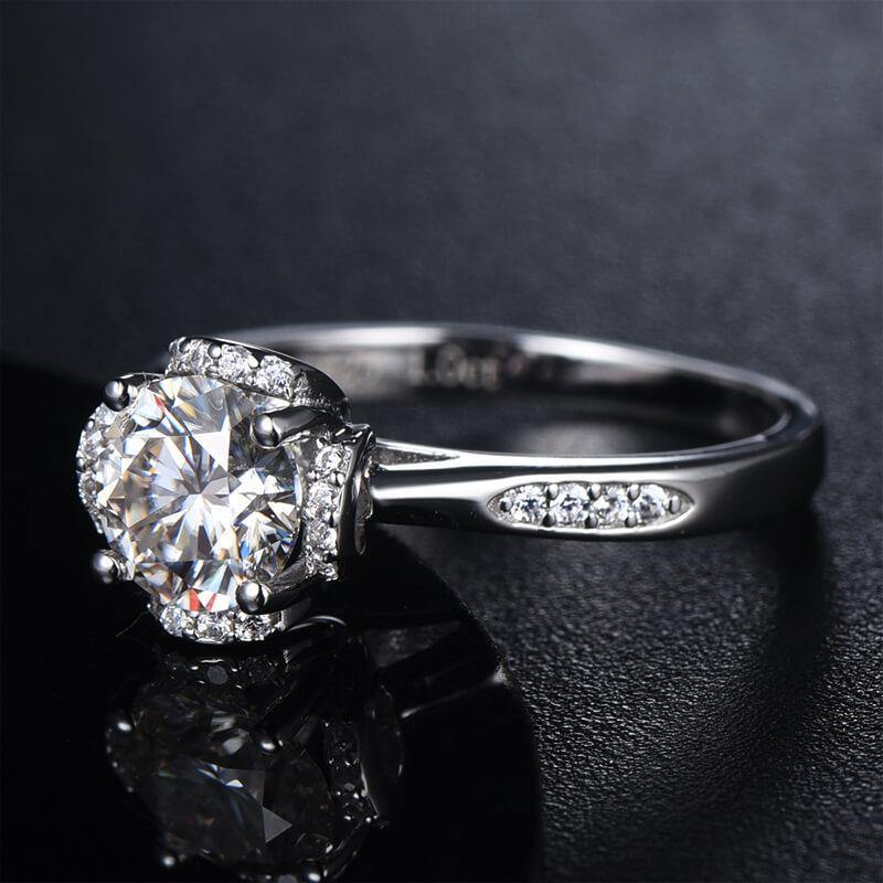 1Ct Moissanite Fashion Flower Side Stone Sterling Silver Wedding Ring-Sterling Silver-lornajewelry