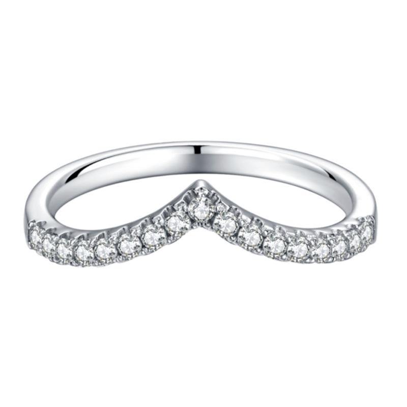 Moissanite V-Shaped Half Eternity Sterling Silver Wedding Band Stackable Ring-Sterling Silver-lornajewelry