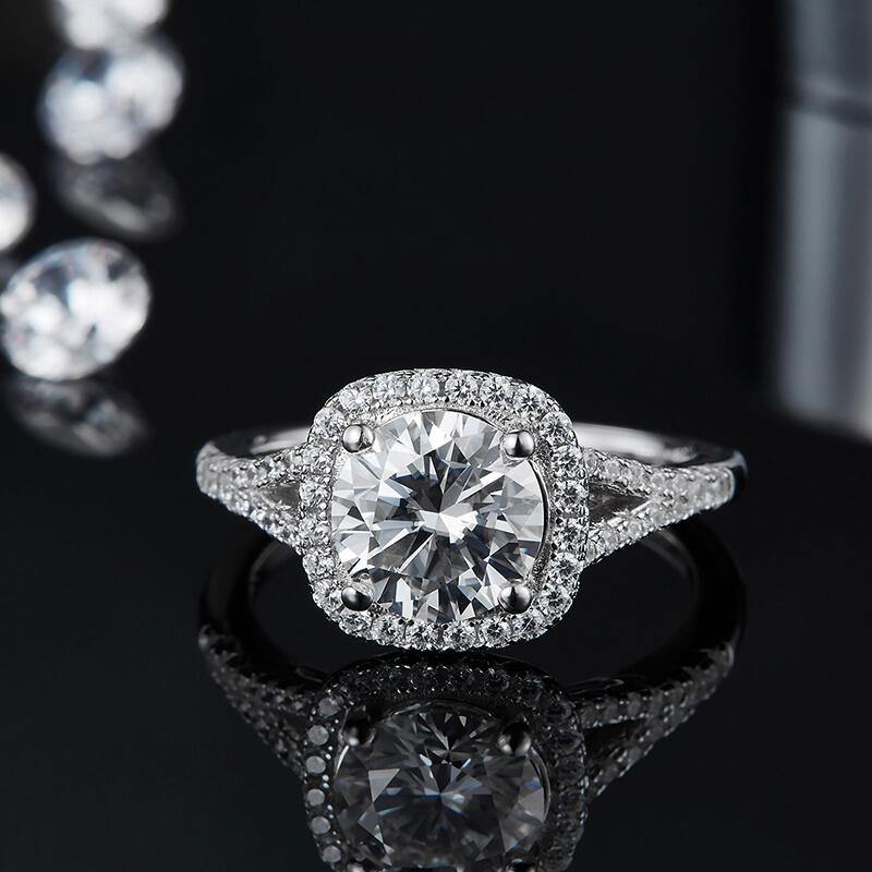 1.5Ct/2Ct/3Ct Moissanite Split Shank Square Halo Pave Engagement Ring-Sterling Silver-lornajewelry