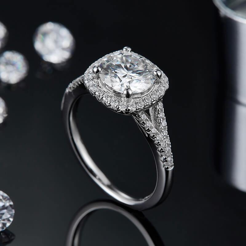 1.5Ct/2Ct/3Ct Moissanite Split Shank Square Halo Pave Engagement Ring-Sterling Silver-lornajewelry