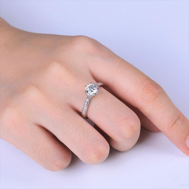 1Ct/2Ct/3Ct Moissanite Round Cut Six Prong Side Stones Promise Engagement Ring-Sterling Silver-lornajewelry