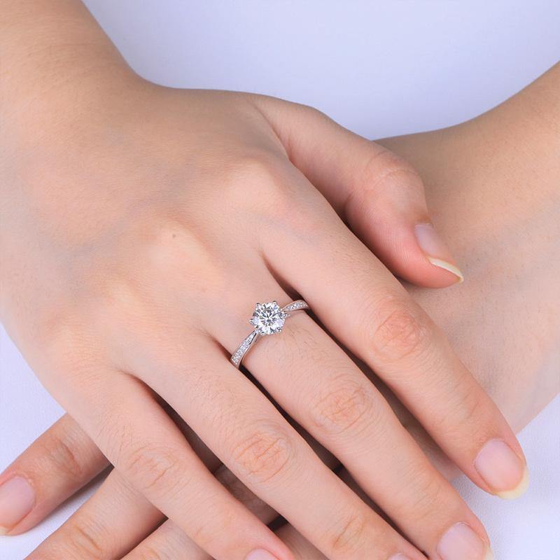 1Ct/2Ct/3Ct Moissanite Round Cut Six Prong Side Stones Promise Engagement Ring-Sterling Silver-lornajewelry